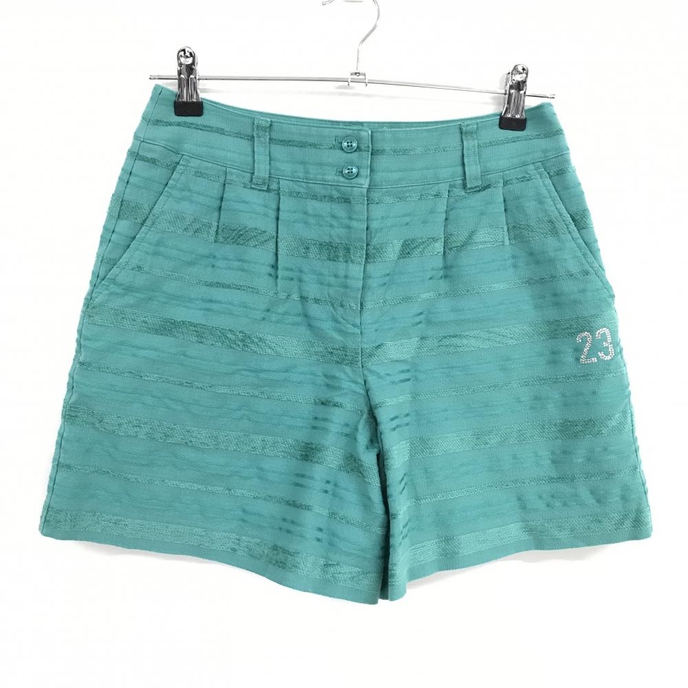 【超美品】23区ゴルフ キュロットスカート グリーン系 ボーダー調 ラインストーンロゴ 裏地付き レディース 64 ゴルフウェア 23区