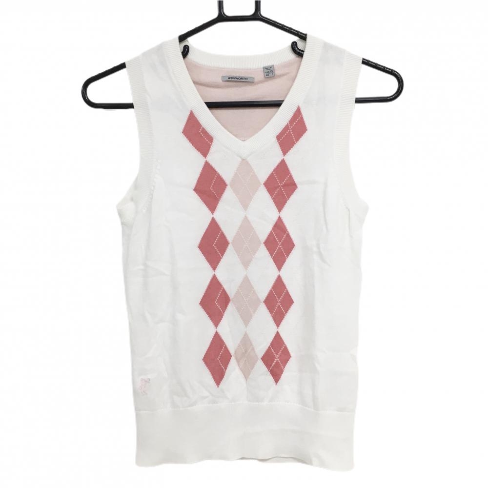 【美品】アシュワース ニットベスト 白×ピンク 前面アーガイル コットン100％ レディース USA-XS ゴルフウェア ASHWORTH