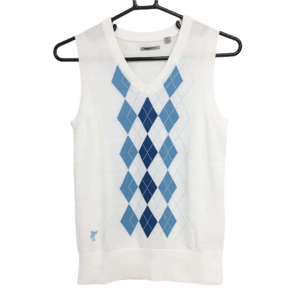 【超美品】アシュワース ニットベスト 白×ブルー 前面アーガイル コットン100％ レディース S ゴルフウェア ASHWORTH