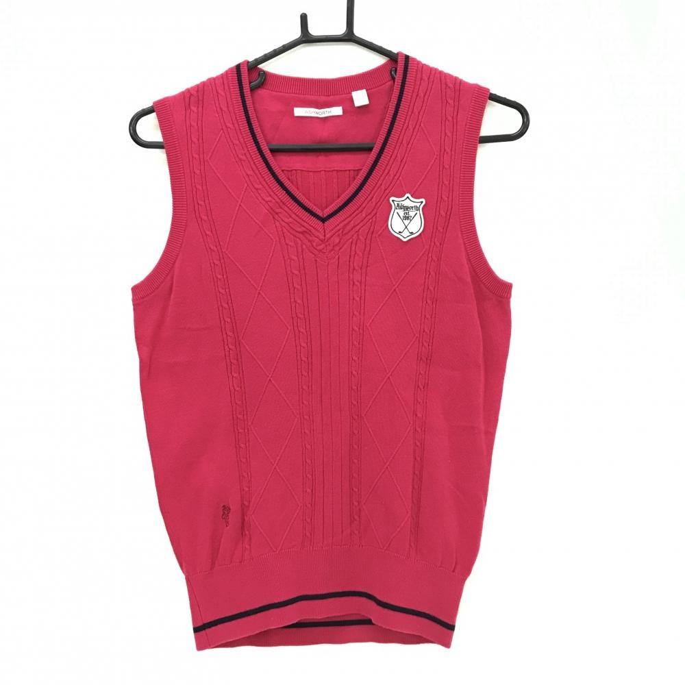 【超美品】アシュワース ニットベスト レッドピンク×ネイビー ケーブル編み Vネック 胸元ワッペン  レディース L ゴルフウェア ASHWORTH