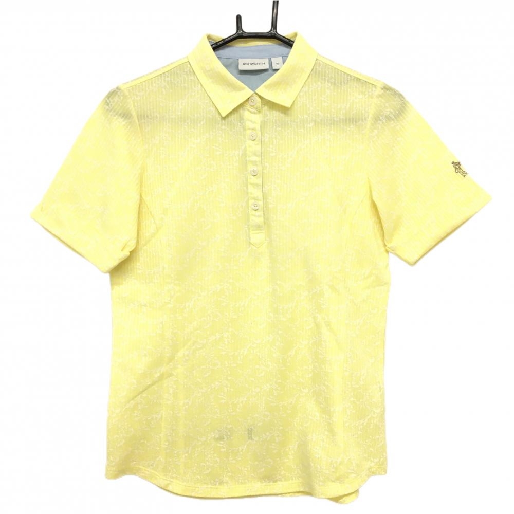 【超美品】アシュワース 半袖ポロシャツ イエロー×白 ストライプ地模様 リーフ柄 ロゴ刺しゅう レディース M ゴルフウェア ASHWORTH