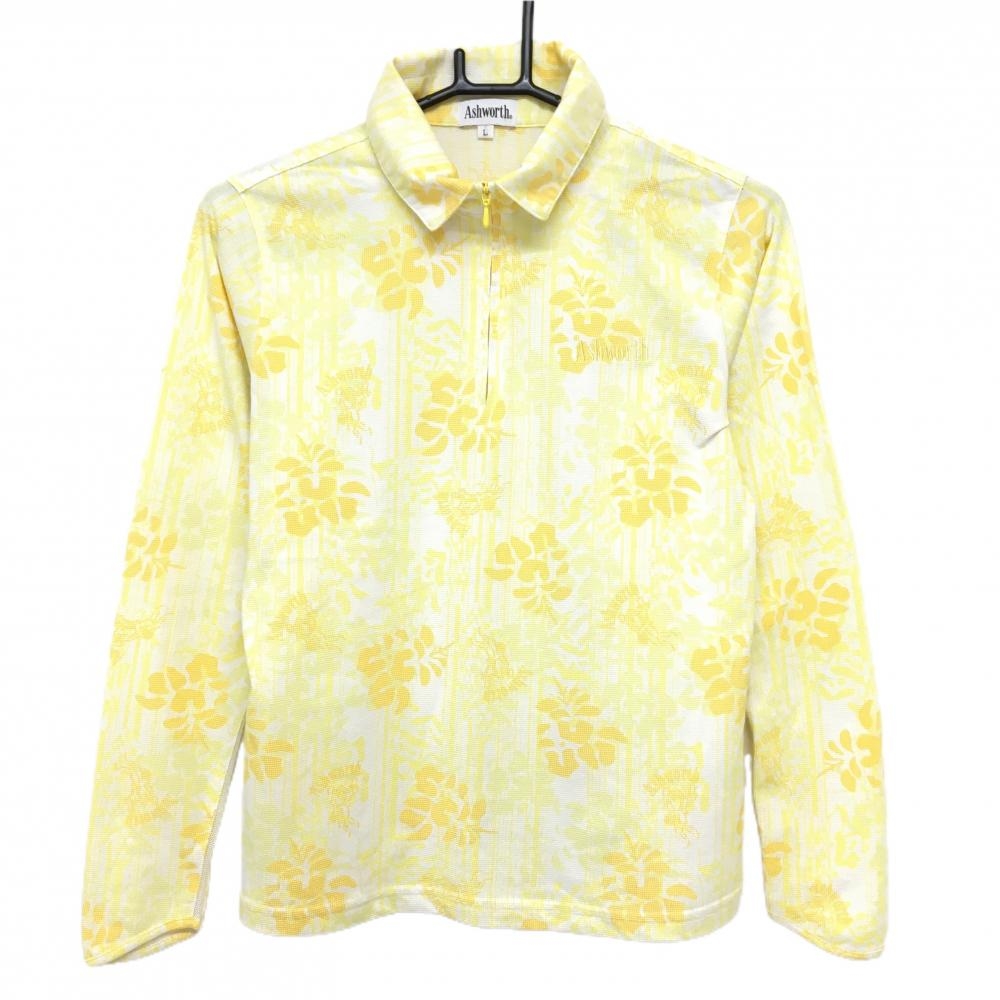 アシュワース 長袖ポロシャツ 白×イエロー 総柄 ハーフジップ  レディース L ゴルフウェア ASHWORTH