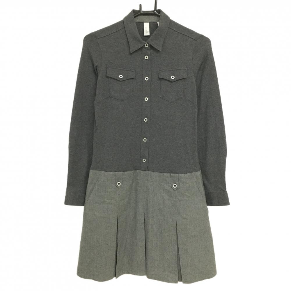 【超美品】アシュワース 長袖ポロワンピース ダークグレー×グレー 胸ポケット ボックスプリーツ レディース M ゴルフウェア ASHWORTH