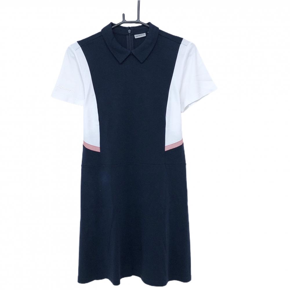 【美品】アシュワース 半袖ワンピース ネイビー×白 切替 中国モデル バックジップ  レディース 4 ゴルフウェア ASHWORTH