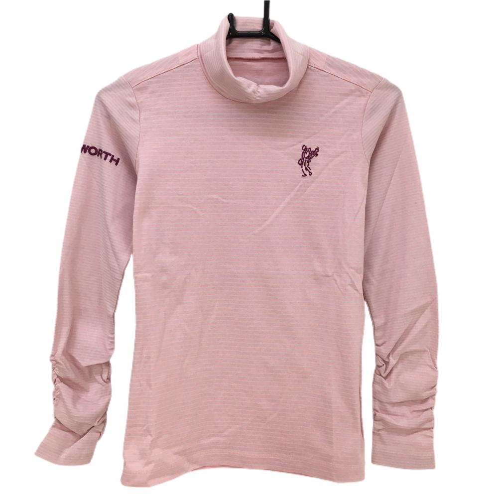 【超美品】アシュワース 長袖ハイネックシャツ ピンク×白 ボーダー ロゴ刺しゅう 袖シャーリング  レディース  ゴルフウェア ASHWORTH