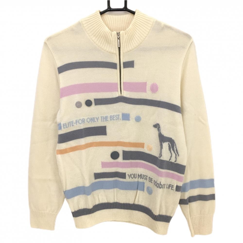 【美品】アダバット 長袖ニットセーター アイボリー×グレー ハーフジップ ビッグロゴ ウール100％ レディース I(M) ゴルフウェア adabat