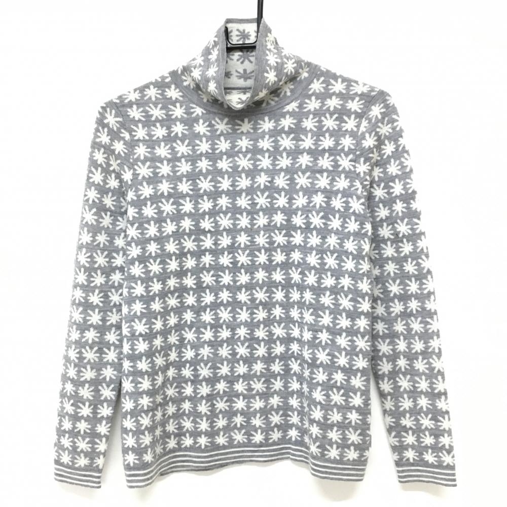 アダバット タートルネックセーター グレー×白 総柄 ウール100％ ニット レディース 38(M) ゴルフウェア adabat