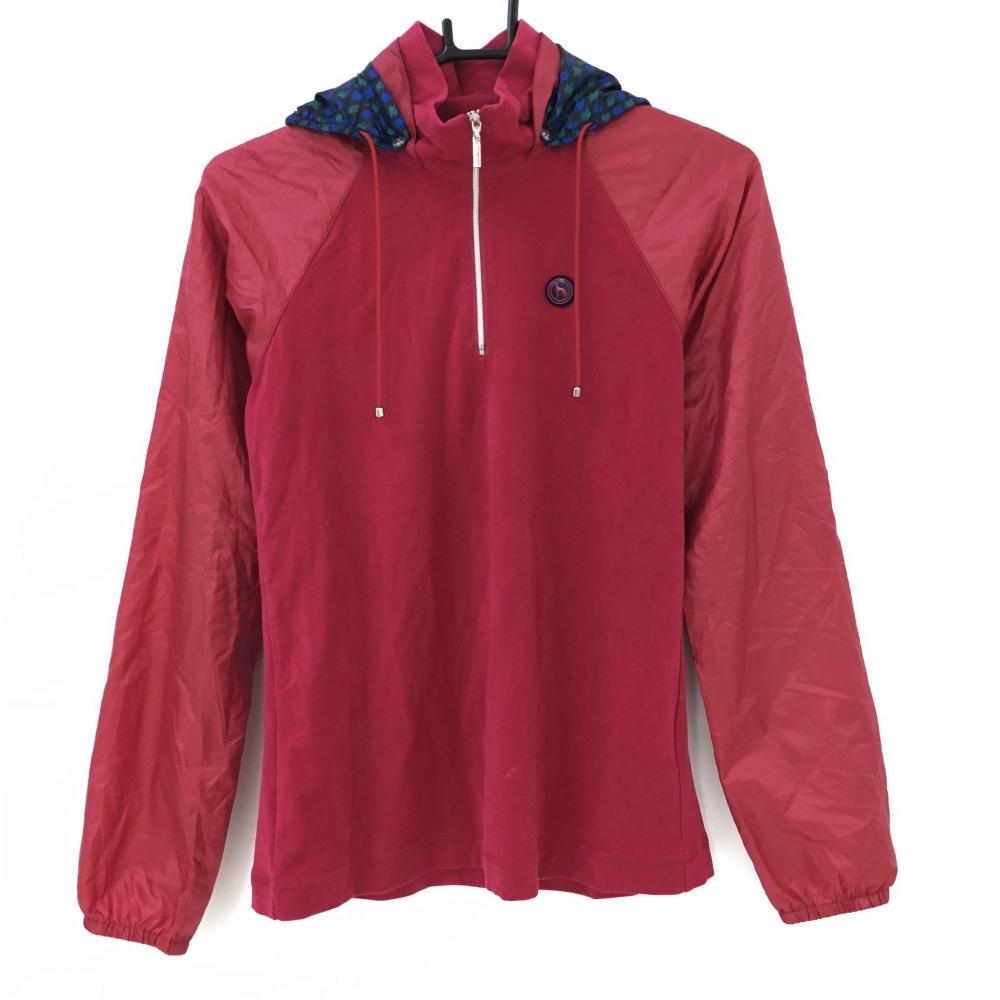 アダバット フード付き切替ブルゾン レッド×ネイビー ハーフジップ フード取り外し可 レディース 38(M) ゴルフウェア adabat