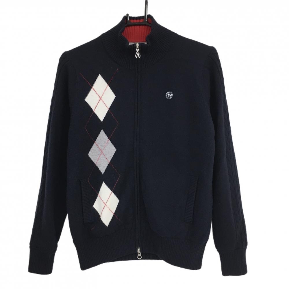 アダバット ニットブルゾン ネイビー×白 ダイヤ ウール混 蓄熱裏地  レディース 38(M) ゴルフウェア adabat