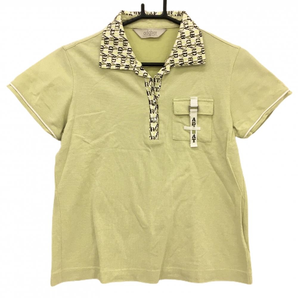 【美品】アダバット 半袖ポロシャツ ライトグリーン 襟英字柄 スキッパー レディース Ⅰ(M) ゴルフウェア adabat