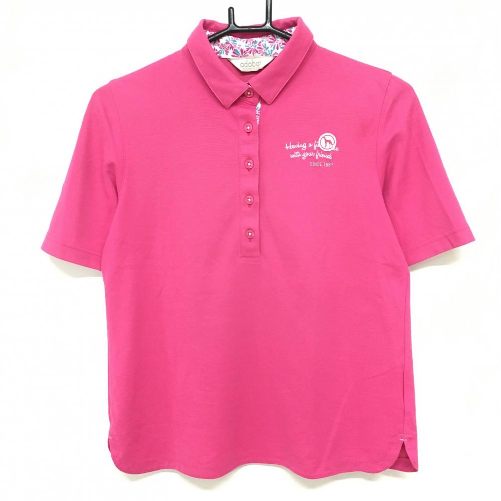 【美品】アダバット 半袖ポロシャツ ピンク ロゴワッペン 襟裏花柄  レディース 38(M) ゴルフウェア adabat