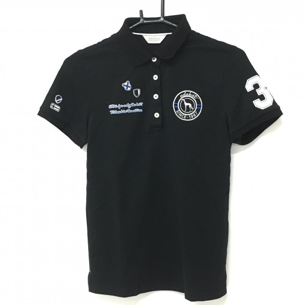 アダバット 半袖ポロシャツ 黒×白 袖ワッペン 胸刺しゅう レディース 38(M) ゴルフウェア adabat