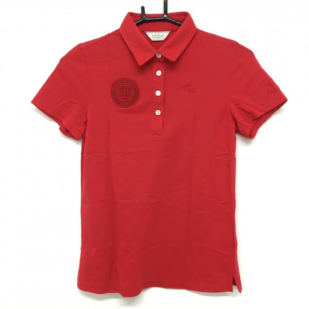【超美品】アダバット 半袖ポロシャツ レッド ワッペン ドッグ刺しゅう レディース 36(S) ゴルフウェア adabat