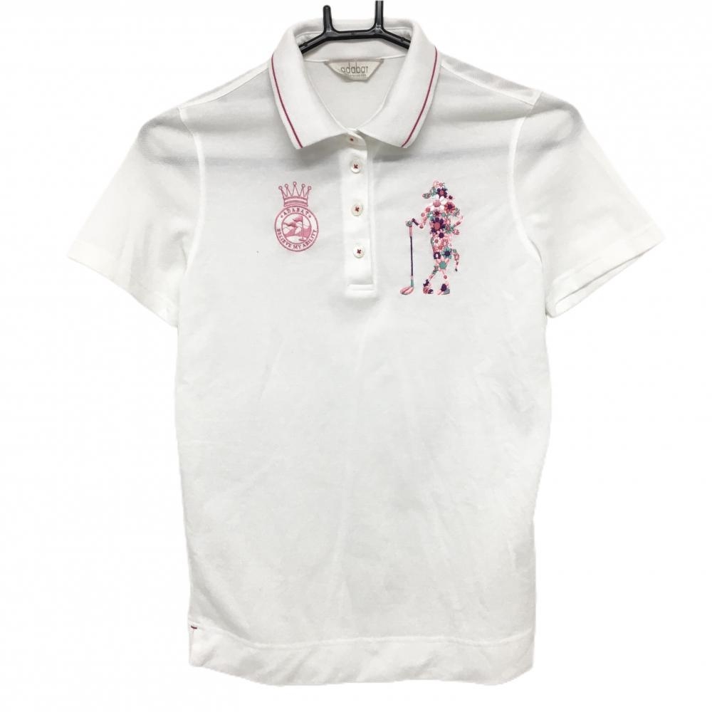 【超美品】アダバット 半袖ポロシャツ 白×ピンク 犬刺しゅう 襟裏ロゴ レディース 36(S) ゴルフウェア adabat