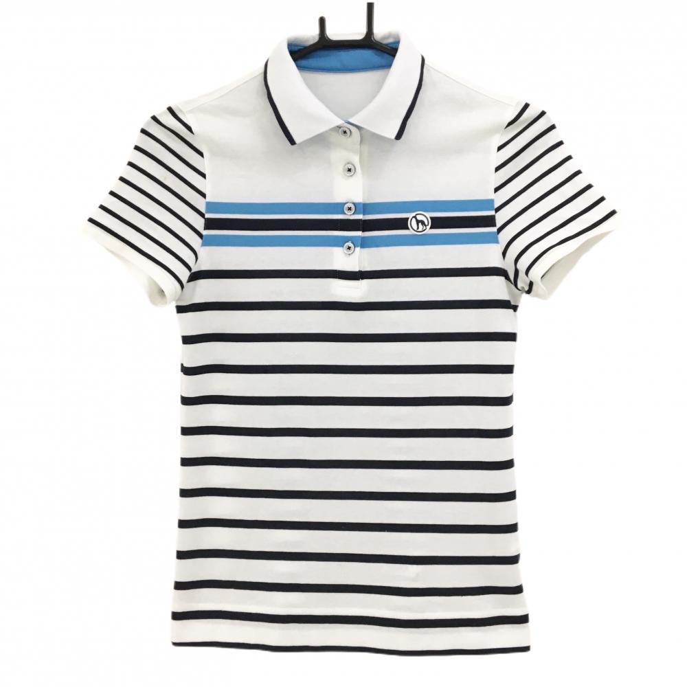 【美品】アダバット 半袖ポロシャツ 白×ネイビー ボーダー レディース 36(S) ゴルフウェア adabat