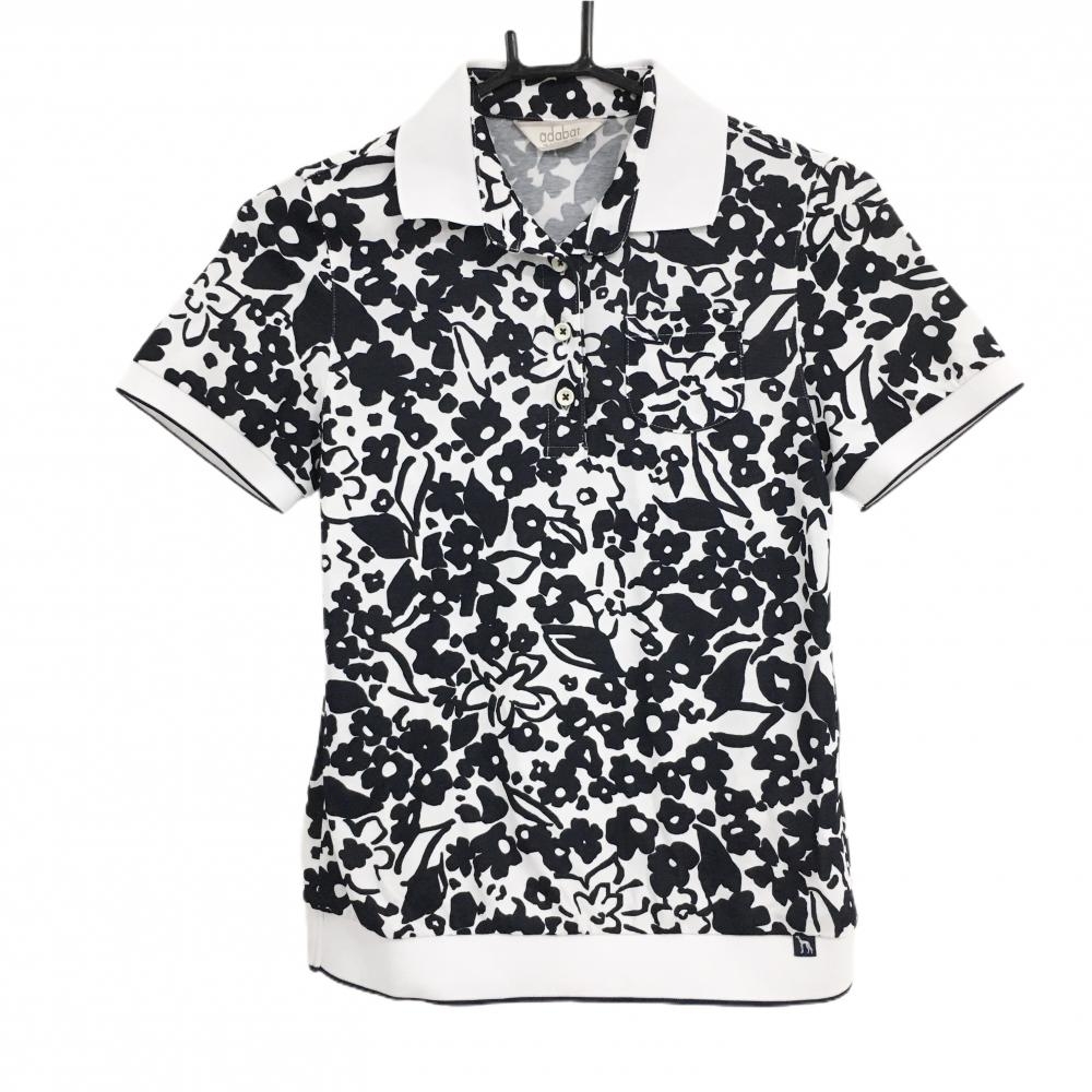 【超美品】アダバット 半袖ポロシャツ 白×黒 花柄 胸ポケット レディース 36(S) ゴルフウェア adabat