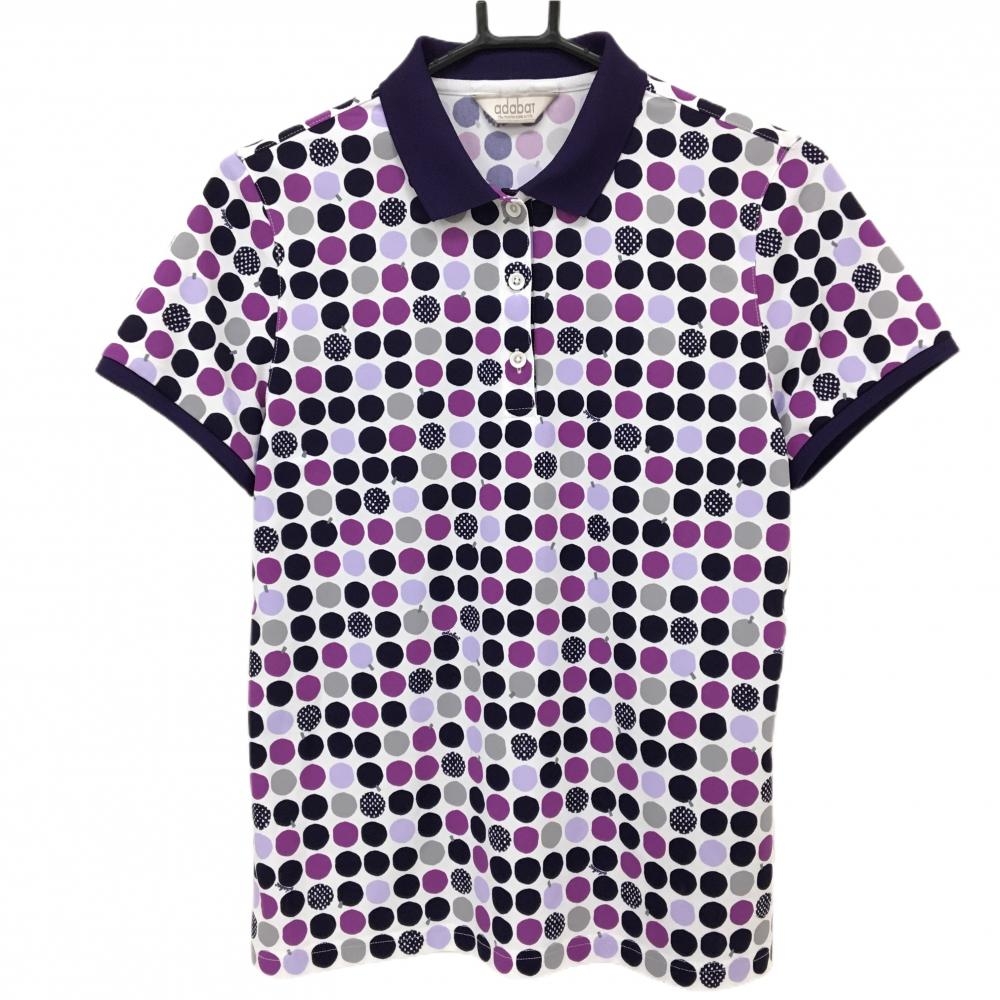 【超美品】アダバット 半袖ポロシャツ 白×パープル ドット  レディース 40(L) ゴルフウェア adabat