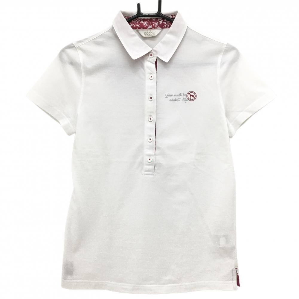 【美品】アダバット 半袖ポロシャツ 白×ボルドー ロゴ刺しゅう 襟裏花柄 レディース 38(M) ゴルフウェア adabat