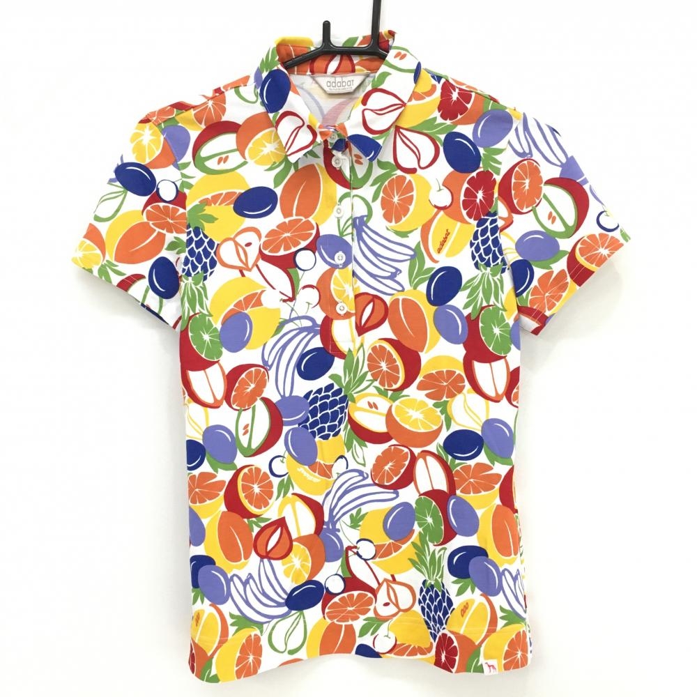 【超美品】アダバット 半袖ポロシャツ 白×マルチカラー フルーツ総柄 レディース 38(M) ゴルフウェア adabat