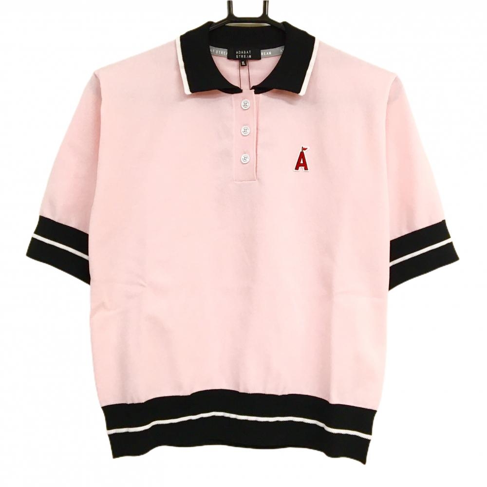 【新品】アダバットストリーム 半袖ニットポロシャツ ピンク×黒 ワッペン レディース XL ゴルフウェア adabat