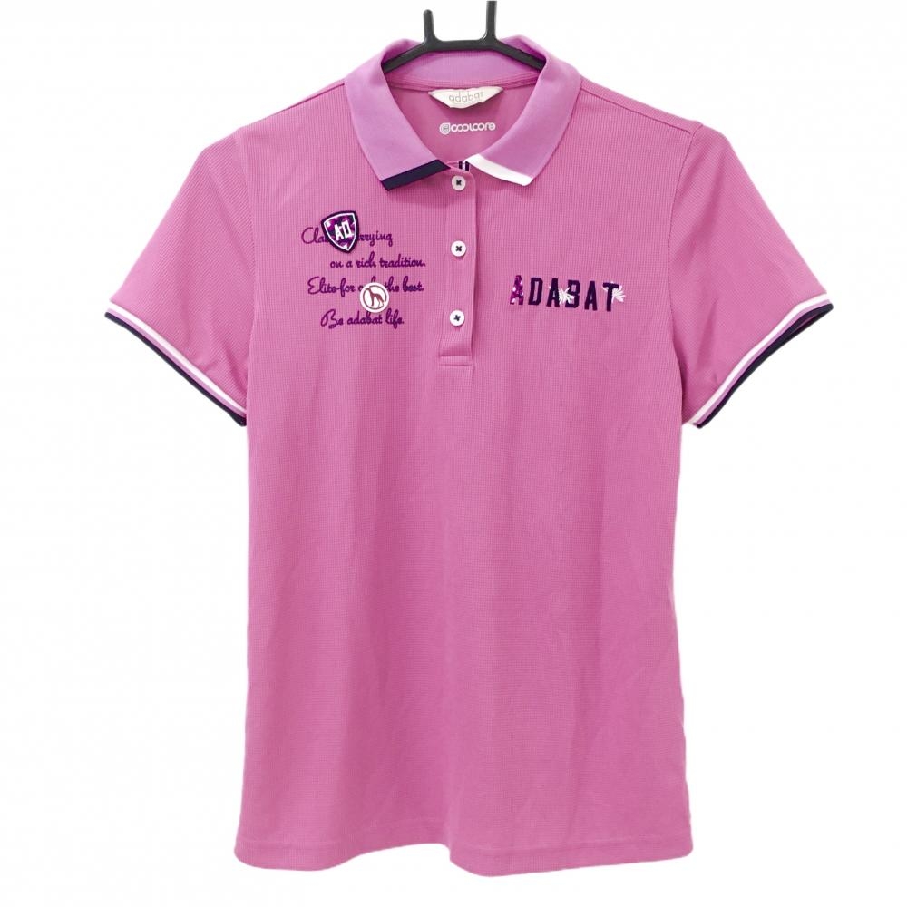 【美品】アダバット 半袖ポロシャツ パープル×ネイビー 地模様 ロゴ刺しゅう レディース 38(M) ゴルフウェア adabat