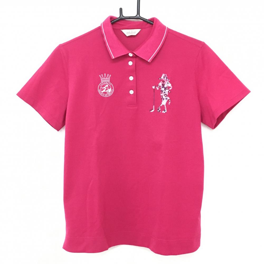 アダバット 半袖ポロシャツ ピンク×白 一部花刺しゅう レディース 42(XL) ゴルフウェア adabat
