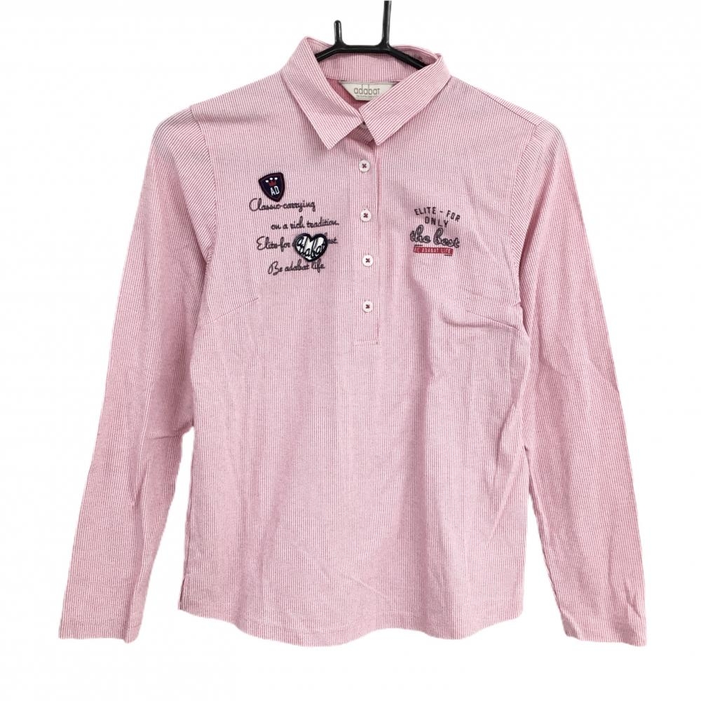【美品】アダバット 長袖ポロシャツ ピンク×白 ストライプ ロゴワッペン レディース 38(M) ゴルフウェア adabat