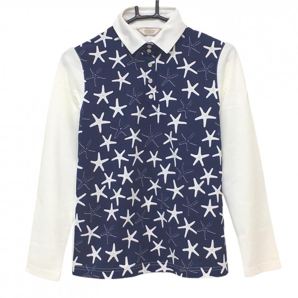 【美品】アダバット 長袖ポロシャツ ネイビー×白 前身頃ヒトデ柄 スナップボタン レディース 38(M) ゴルフウェア adabat