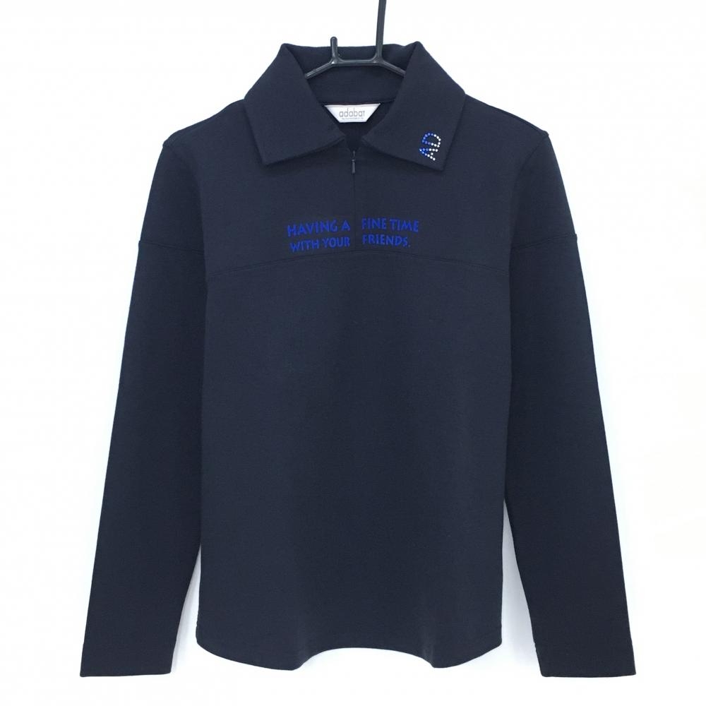 【超美品】アダバット 長袖ポロシャツ ネイビー ハーフジップ ラインストーン レディース 40(L) ゴルフウェア adabat