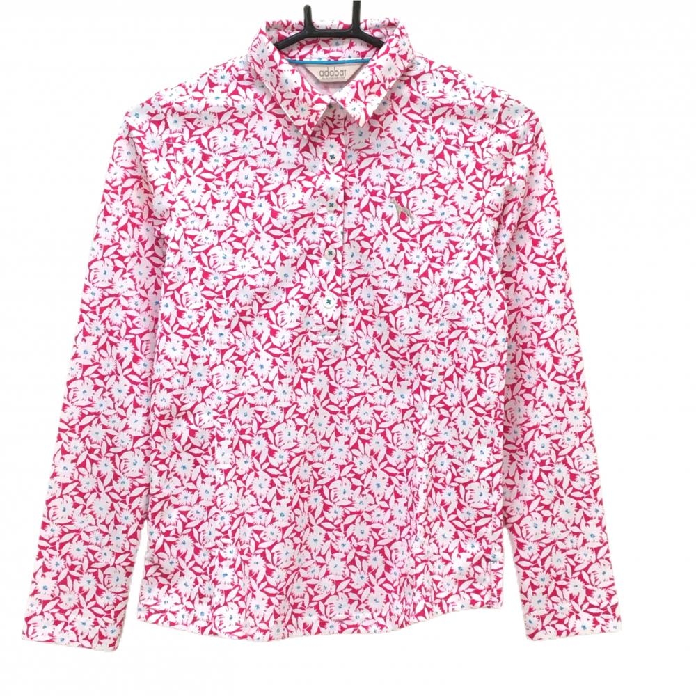 【超美品】アダバット 長袖ポロシャツ ピンク×白 花柄 ロゴワッペン  レディース 36(S) ゴルフウェア adabat