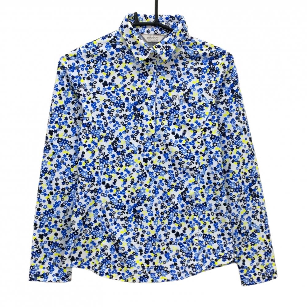 【超美品】アダバット 長袖ポロシャツ 白×ブルー 花柄 ロゴワッペン レディース 36(S) ゴルフウェア adabat
