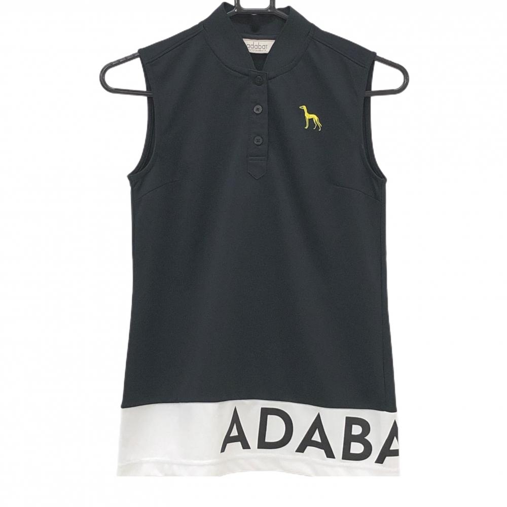 【超美品】アダバット ノースリーブポロシャツ 黒×白 裾ロゴ  レディース 36(S) ゴルフウェア adabat