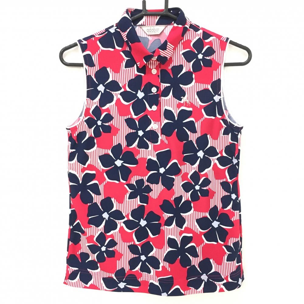 【超美品】アダバット ノースリーブポロシャツ レッド×ネイビー 花柄  レディース 38(M) ゴルフウェア adabat