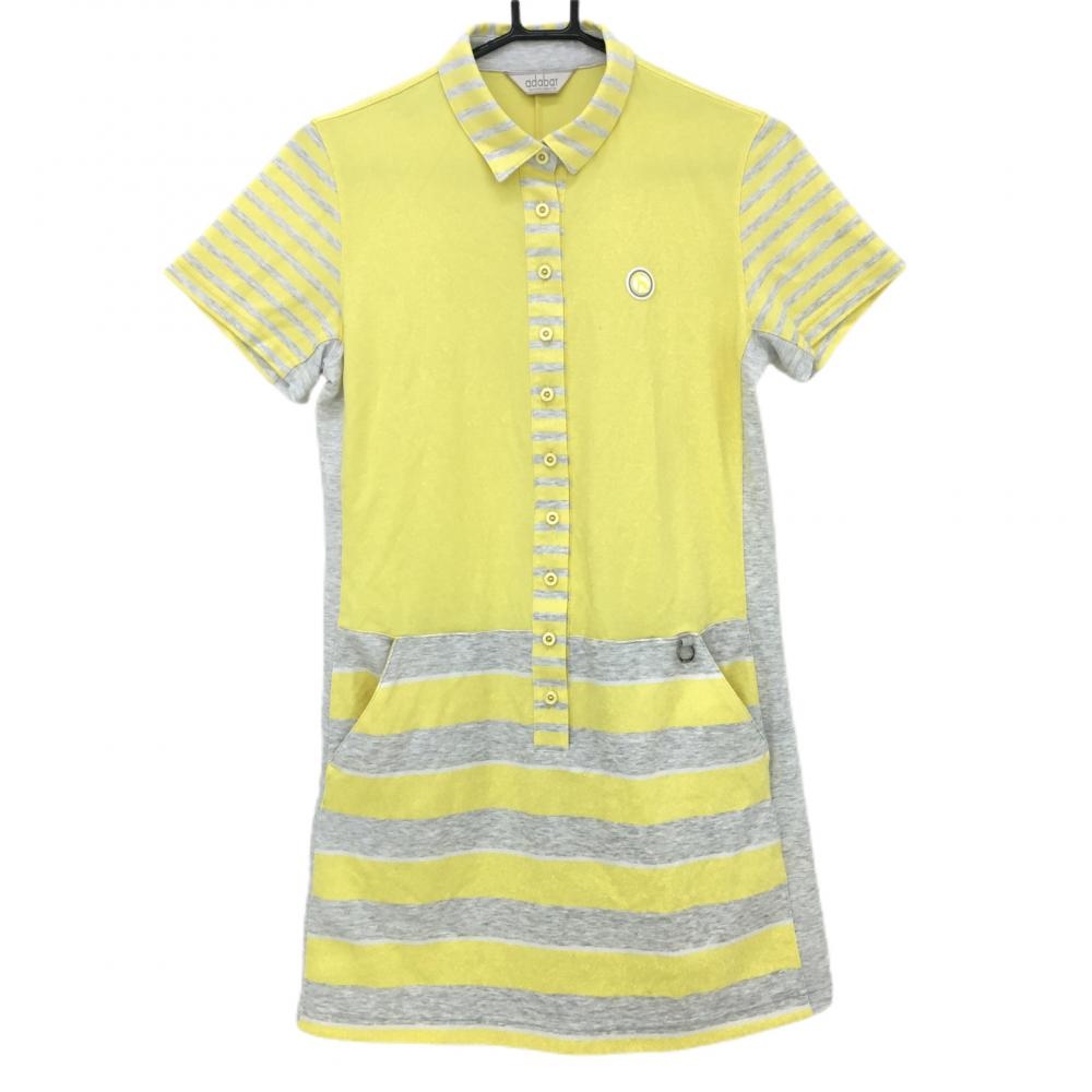 【美品】アダバット 半袖ポロワンピース  イエロー×ライトグレー 一部ボーダー柄 シリコンワッペン レディース 38(M) ゴルフウェア adabat