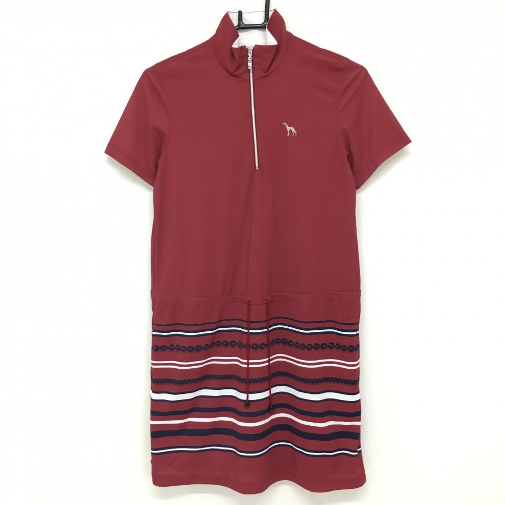 【超美品】アダバット 半袖ハイネックワンピース ボルドー×ネイビー スカート部ボーダー調  レディース 36(S) ゴルフウェア adabat