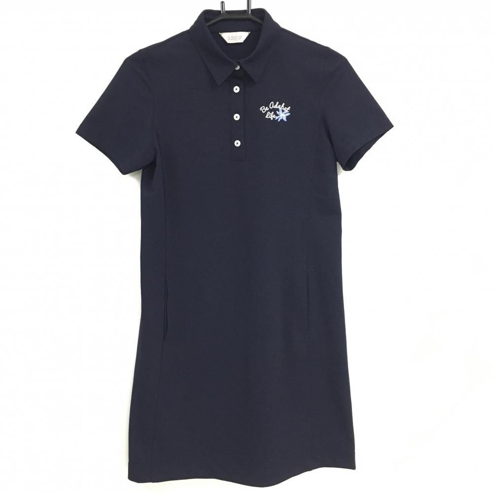 【超美品】アダバット 半袖ポロワンピース ネイビー 無地 胸元刺しゅう  レディース 36(S) ゴルフウェア adabat