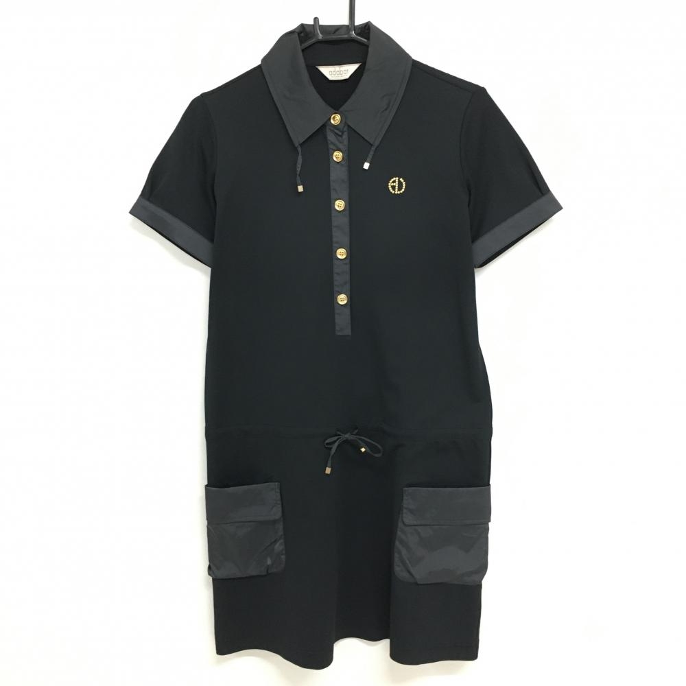アダバット 半袖ポロワンピース 黒 一部ナイロン切替 ウエスト紐調節可  レディース 38(M) ゴルフウェア adabat