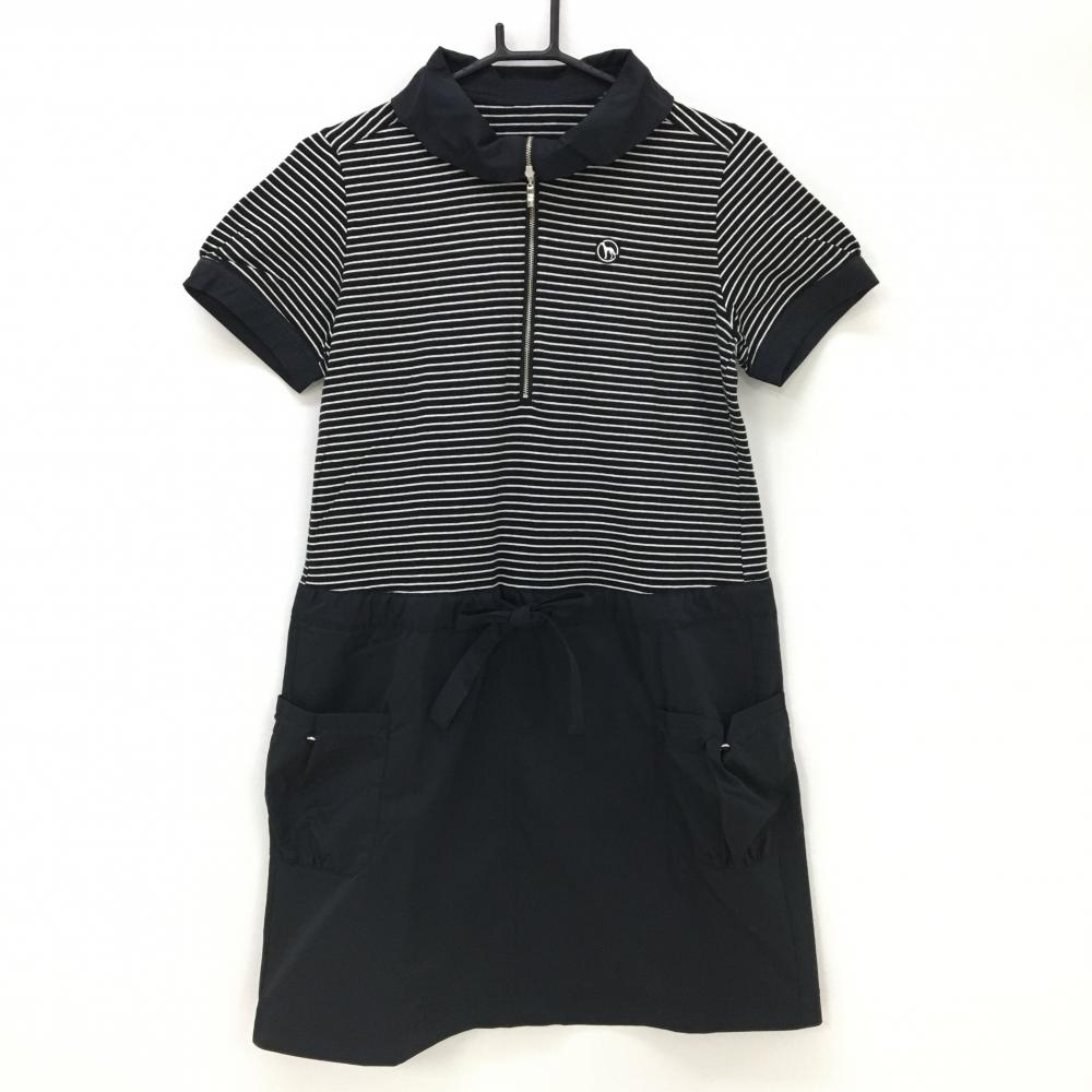 アダバット 半袖ハイネックワンピース 黒×白 ボーダー ハーフジップ 異素材切替 レディース 38(M) ゴルフウェア adabat