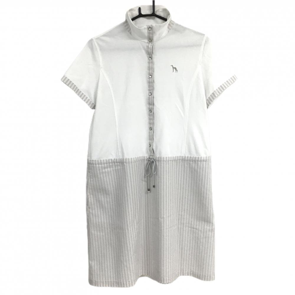 【超美品】アダバット 半袖ワンピース 白×グレージュ 一部ストライプ ロゴ刺しゅう  レディース 40(L) ゴルフウェア adabat