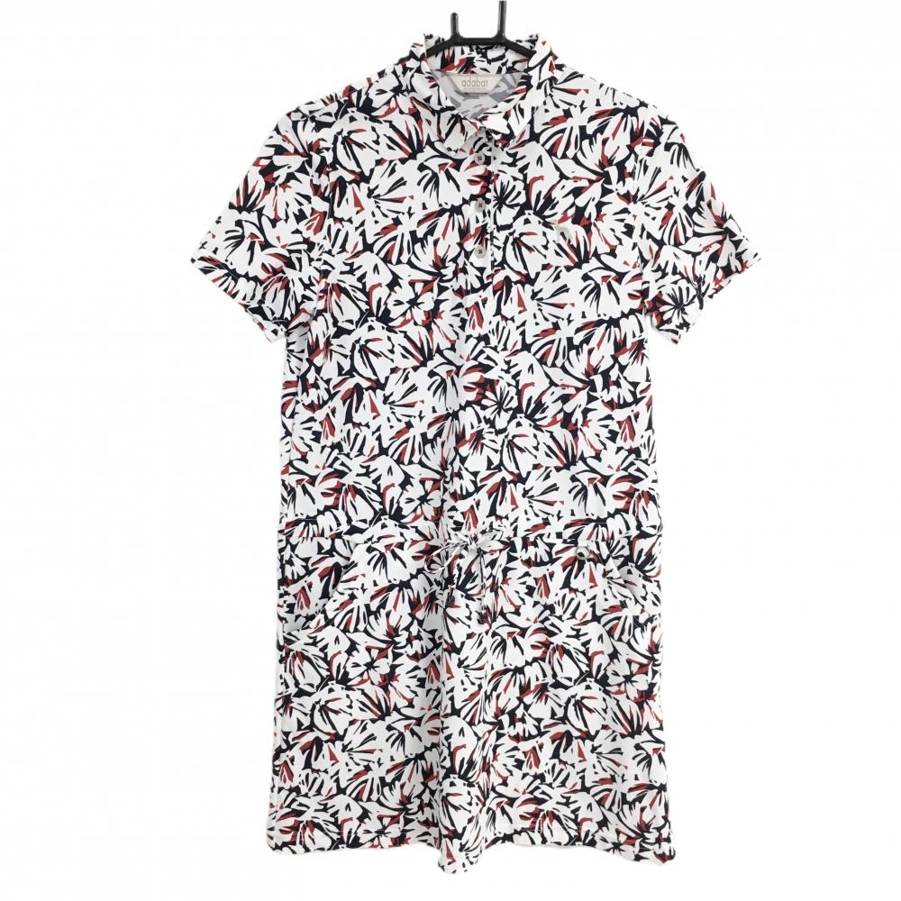 アダバット 半袖ポロワンピース 白×ネイビー 総柄 インナーパンツ付き  レディース 38(M) ゴルフウェア adabat