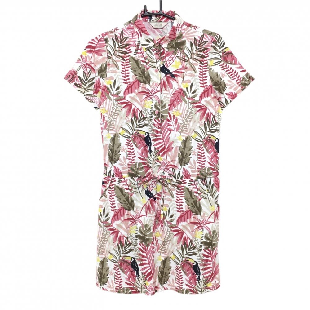 【超美品】アダバット 半袖ポロワンピース 白×レッドピンク リーフ柄 鳥 ウエスト調節紐 レディース 38(M) ゴルフウェア adabat