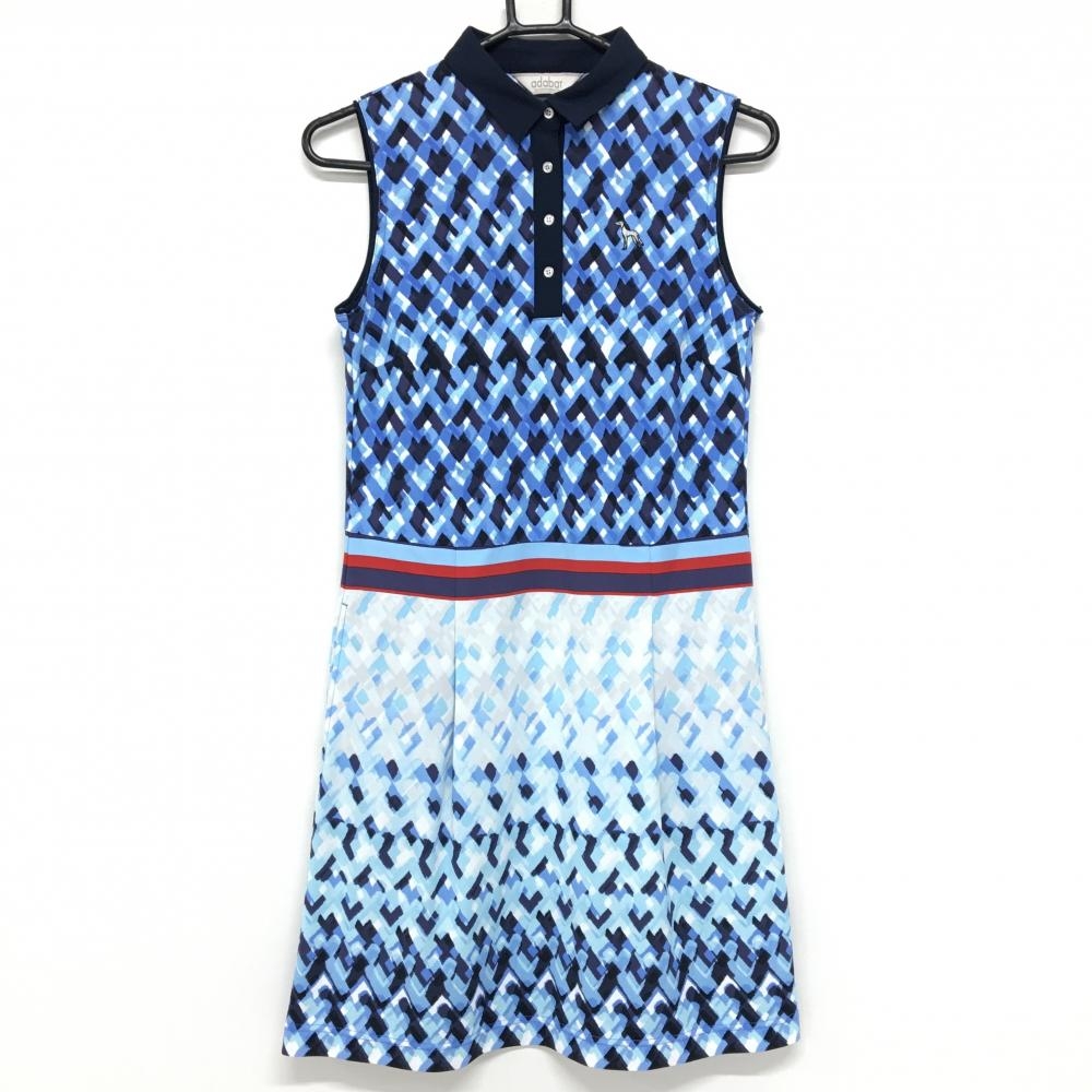 【超美品】アダバット ノースリーブワンピース ネイビー×ブルー 総柄 レディース 36(S) ゴルフウェア adabat