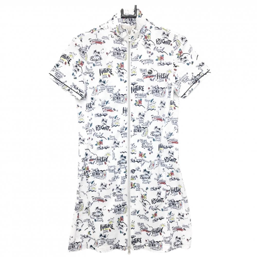 【美品】アダバット 半袖ハイネックワンピース 白×ネイビー 総柄 ハーフジップ  レディース 38(M) ゴルフウェア adabat