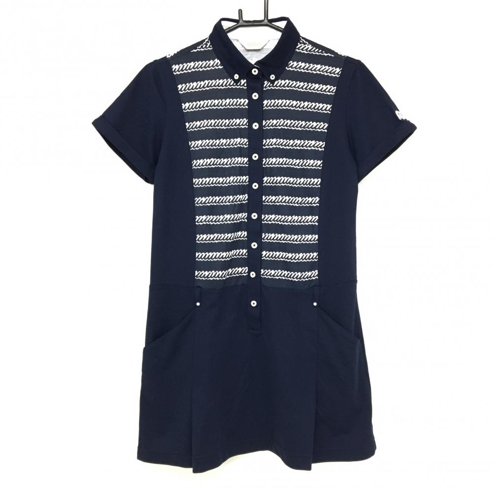 【超美品】アダバット 半袖ポロワンピース ネイビー×白 一部柄 ボタンダウン レディース 38(M) ゴルフウェア adabat