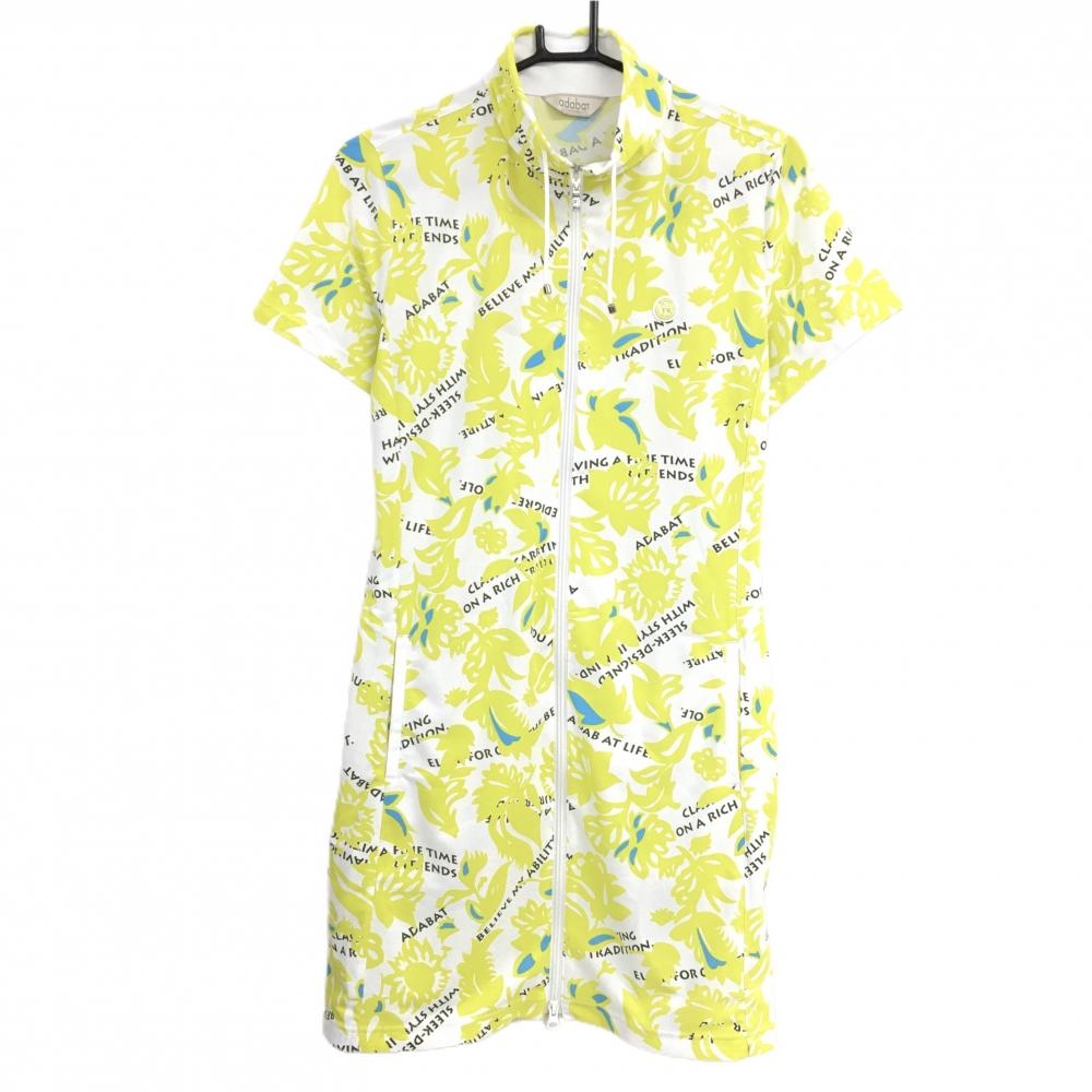【美品】アダバット 半袖ハイネックワンピース 白×イエロー 花柄 フルジップ レディース 42(XL) ゴルフウェア adabat