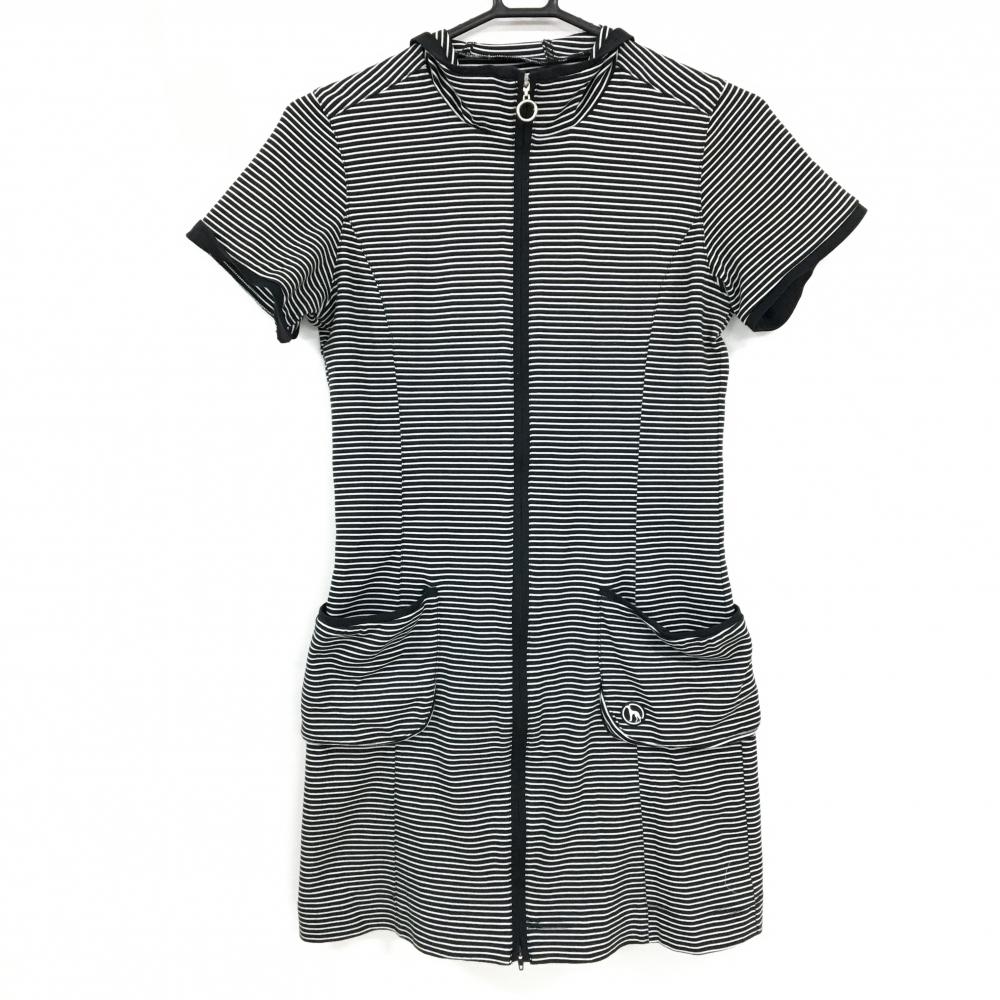 【美品】アダバット 半袖ワンピース 黒×白 ハーフジップ 飾りフード レディース 36(S) ゴルフウェア adabat