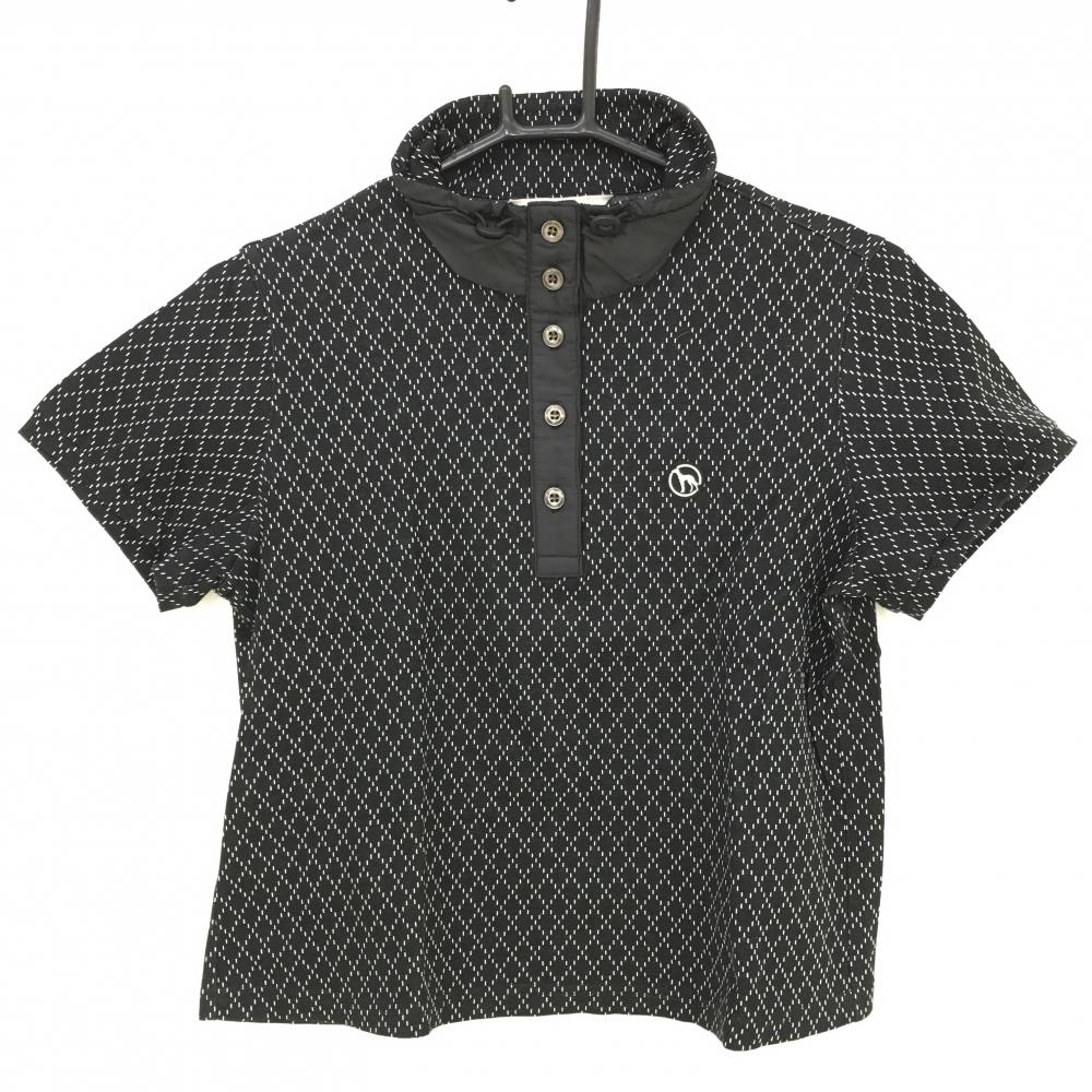 【超美品】アダバット 半袖ハイネックシャツ 黒×白 総柄 スタンドカラー 胸元ロゴ レディース 38(M) ゴルフウェア adabat