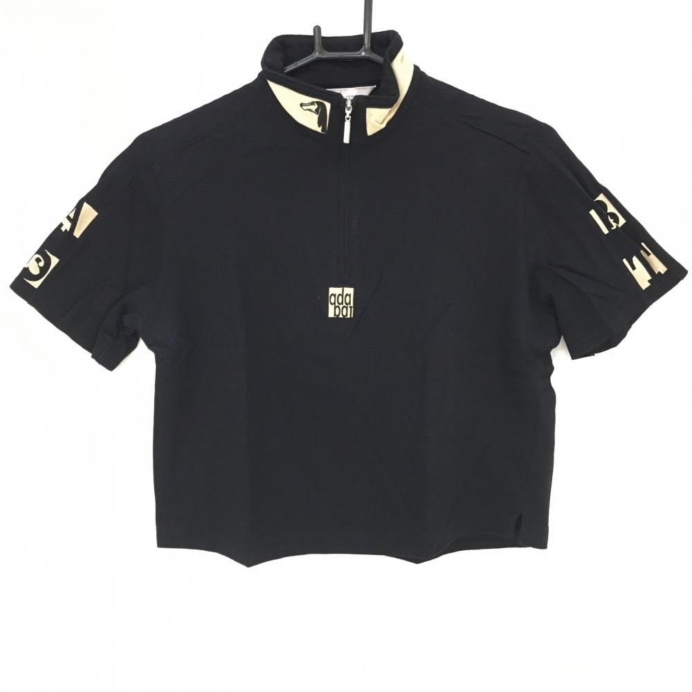 【美品】アダバット 半袖ハイネックシャツ 黒×ベージュ 袖刺しゅう ハーフジップ  レディース I(M) ゴルフウェア adabat