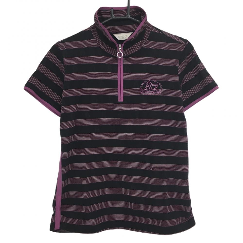 アダバット 半袖ハイネックシャツ 黒×パープル ボーダー メッシュ調 ハーフジップ レディース 40(L) ゴルフウェア adabat