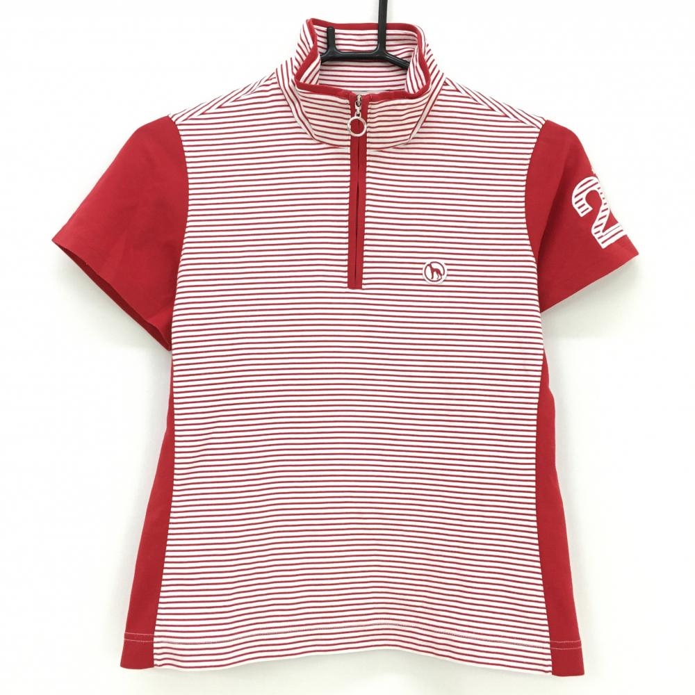 アダバット 半袖ハイネックシャツ レッド×白 身ごろボーダー ハーフジップ 胸ワッペン レディース 38(M) ゴルフウェア adabat